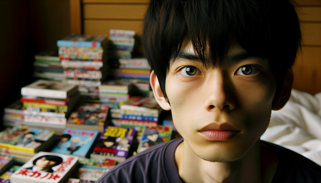 Photo capturing a close-up of a Hikikomori individual, gazing straight into the camera with intense eyes. Their bedroom is visible in the background, cluttered with an array of magazines, manga, and books scattered across the floor, painting a vivid picture of their isolated lifestyle.
