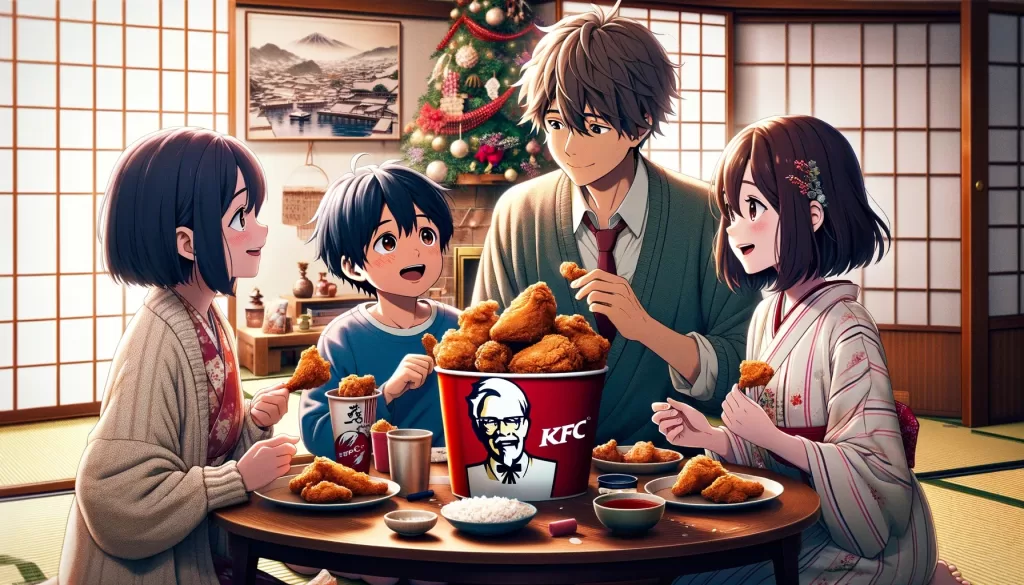 Anime scene in the style of 'Your Name.' featuring a Japanese family, consisting of a father, mother, a young boy, and a young girl, eating KFC fried chicken. The family is sitting around a traditional Japanese low dining table with a bucket of fried chicken prominently displayed, but without any logos. The scene is set in a traditional Japanese home with tatami mats and shoji doors. In the background, there's a decorated Christmas tree and beautifully wrapped gifts next to a fireplace. The image focuses on a close-up of their faces, capturing the joy and warmth of the family moment.