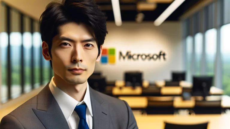 Photo of a Japanese male engineer in an office setting, staring confidently straight into the camera. He has sharp facial features, well-groomed hair, and wears professional attire. The Microsoft logo is prominently displayed on the office wall behind him.