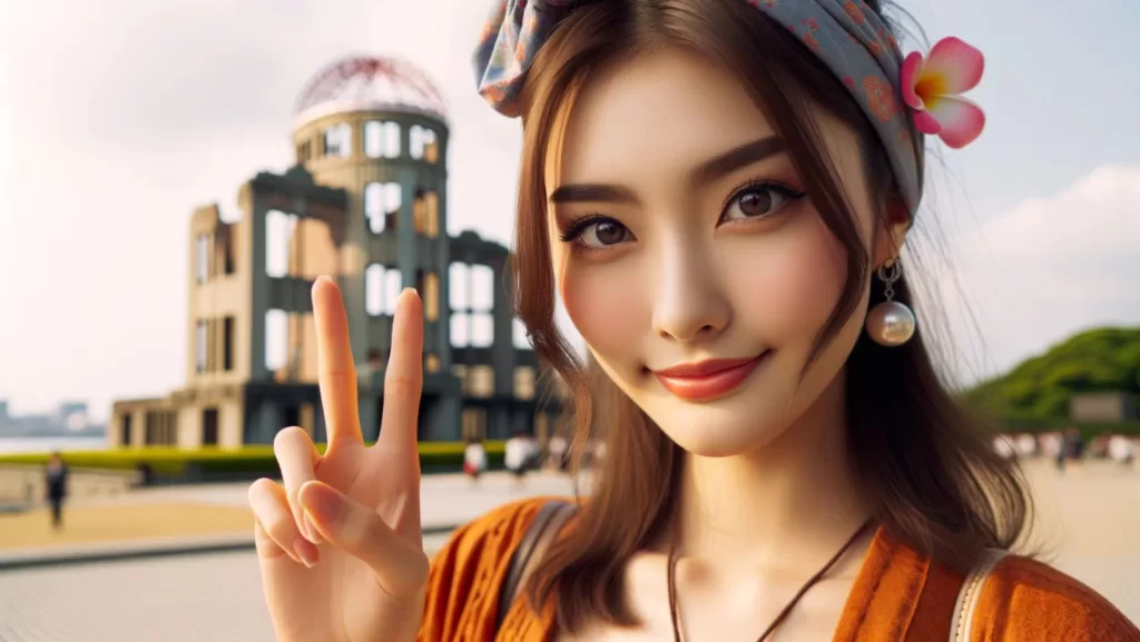 Photo of a young, beautiful model with a face that embodies the Japanese aesthetic, donning a hippie style. She gazes directly into the camera, her smile genuine and radiant. With one hand, she proudly raises a peace sign, and the Hiroshima Peace Flame memorial stands tall and prominent in the background.