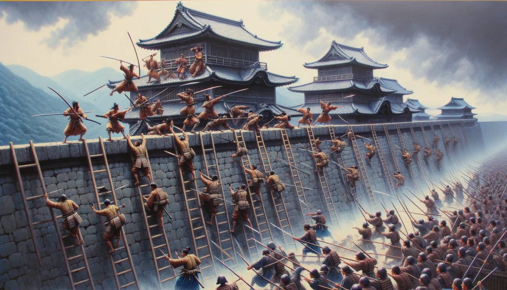Photo capturing the intense moment when the Imperial forces charged towards the castle walls, using ladders to attempt a breach. The Joshitai, positioned atop the walls, unleash a barrage of arrows on the attackers. As the battle progresses, they switch to using their naginata, expertly fending off the invaders. However, signs of their own injuries are evident.