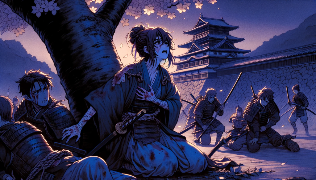 Illustration of a dimly lit scene where the final stand of the Joshitai is taking place near the castle keep. Takeko, visibly exhausted and battered, finds support against a cherry tree, her voice still strong as she shouts words of encouragement to her fellow warriors.