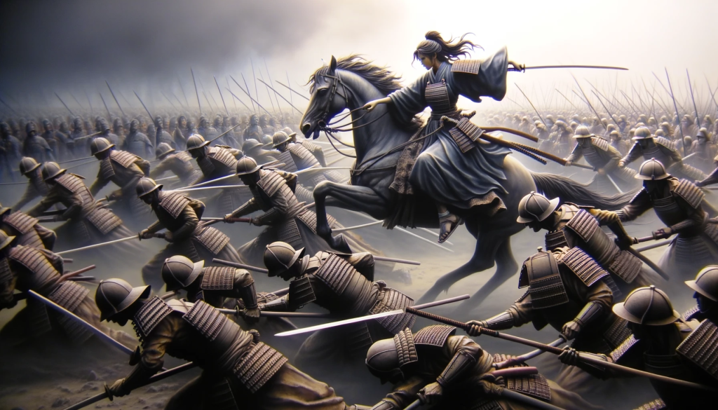 Photo capturing the legendary last charge of Takeko, the sole remaining Joshitai, as she bravely confronts a sea of Imperial troops. Despite her dwindling strength, she manages to defeat several foes before meeting her tragic end. Yet even in death, her posture is upright, embodying the unwavering spirit of the samurai code.