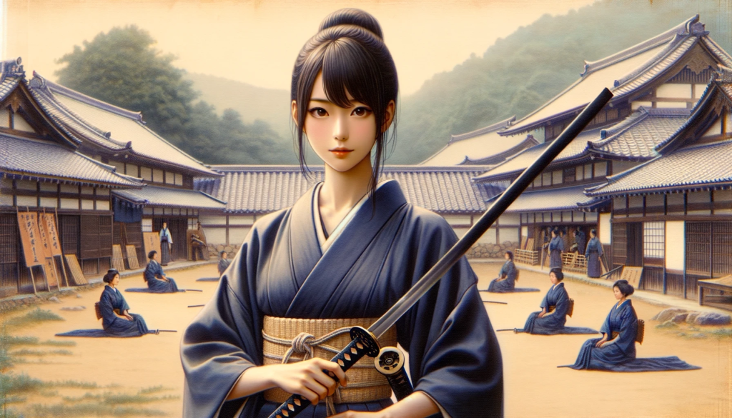 Photo illustrating a member of the Joshitai, a unique group of female samurai. She stands in a traditional setting, poised with a sword. In the background, hints of training grounds can be seen, emphasizing that unlike male samurai, these skills were not innate to them from a young age.