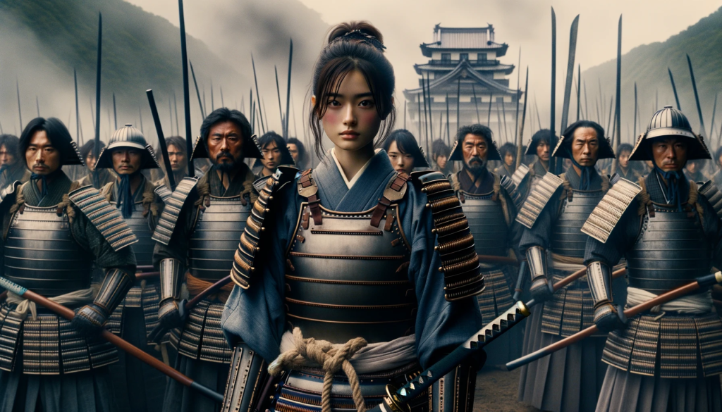 Photo depicting the Joshitai, including the young woman, standing defiantly in armor breastplates over their kimonos. They grip their weapons of swords, spears, and naginata, with the encircling Imperial forces and the fortress of Aizuwakamatsu in the background. Their expressions, though understanding of the dire situation, radiate the unwavering bravery demanded by the samurai code.
