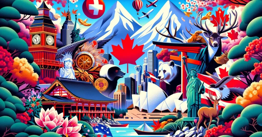 Illustration showcasing the best countries in the world for 2023 based on economic, social, and quality of life factors, featuring iconic symbols from Switzerland, Canada, Australia, and the United States, seamlessly integrated into a Japanese culture-influenced backdrop. The visual narrative includes the Swiss Alps with a cuckoo clock, a Canadian maple leaf with a moose, the Sydney Opera House with a kangaroo, and the Statue of Liberty with an eagle, all artistically rendered into a Japanese garden scene with cherry blossoms and a torii gate. The contrasting colors are bold and vivid, with reds, whites, blues, and greens, creating a harmonious yet intriguing tableau that invites curiosity about how these diverse elements coexist and what they say about the countries' standings.