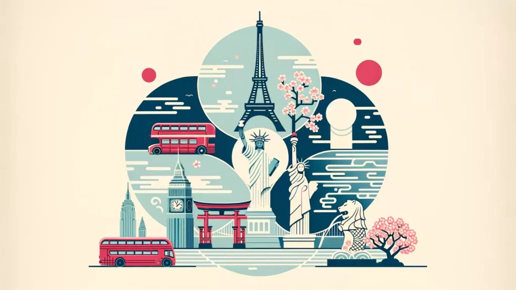 A minimalist illustration combining iconic symbols from five major cities. From London, include a red double-decker bus; from New York, the Statue of Liberty; from Tokyo, a cherry blossom branch; from Paris, the Eiffel Tower; and from Singapore, the Merlion. These symbols should be arranged harmoniously on a background that subtly reflects Japanese culture, such as a pattern of waves or minimalist zen circles. The image should be composed in a balanced, aesthetically pleasing manner, reflecting the essence of each city while maintaining a cohesive overall design. Color palette: soft, muted tones with pops of color for each symbol.