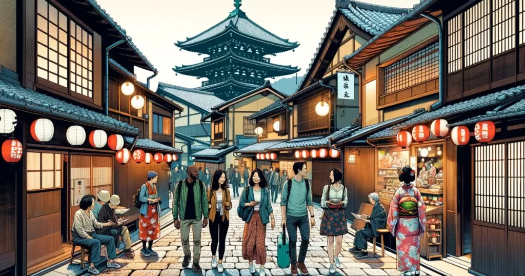 Create an illustration of the Gion district in Kyoto, bustling with a small group of tourists exploring the area. The tourists, a mix of a Black woman, a Hispanic man, and a South Asian couple, are dressed in casual travel attire, contrasting with the traditional wooden facades of the tea houses and shops in the background. The colors of the buildings are vivid and diverse, standing out against the stone-paved street. The ancient and modern collide, with paper lanterns hanging beside discreet neon signs. The scene should spark curiosity with subtle details that suggest a deeper story—perhaps a geisha in the distance, or a shop with an unusual display, inviting viewers to imagine the experiences the tourists are having in this blend of the old and new.