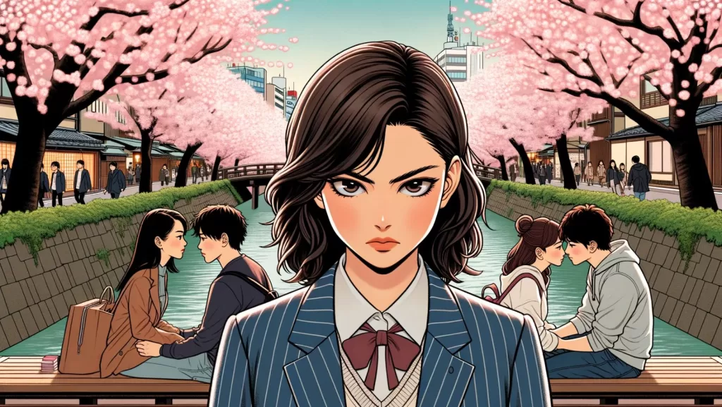 Illustration of a determined Japanese college student, her gaze piercing as she faces the camera head-on. Behind her, the iconic cherry blossoms of the Meguro River provide a romantic setting, further enhanced by the presence of several couples on dates.