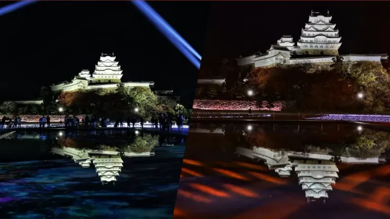 Himeji Castle Reflected in Man-Made Pools of Water During Light Up (Limited Time Only)