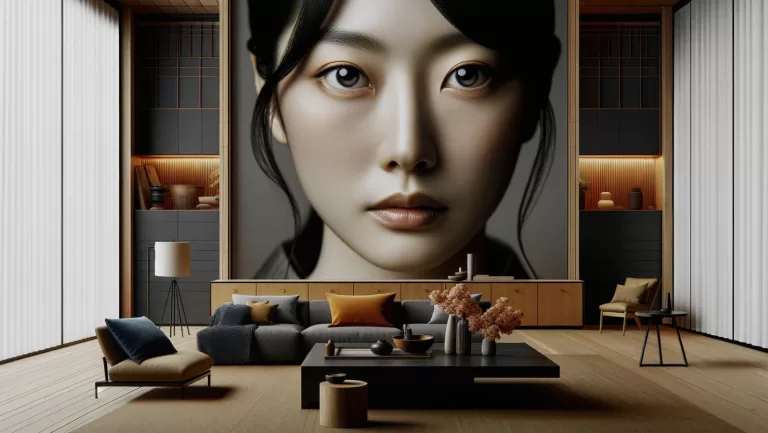 In this photograph, a Japanese woman's face is the focal point, her eyes engaging directly with the viewer, conveying a narrative through her intense stare. The backdrop is a carefully curated modern living room, where the furniture's contrasting color scheme enhances the visual appeal, inviting curiosity. This composition melds the timeless beauty of traditional features with the clean lines of contemporary design.