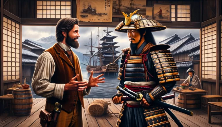 A 19th-century setting with an American man, dressed in typical 1800s Western attire, engaging in conversation with a Japanese samurai. The samurai is clad in traditional Edo-period armor, holding a katana. The background features a blend of East and West: a traditional Japanese village with wooden architecture and a distant view of a Western sailing ship. Both the American man, who is Caucasian, and the samurai, who is East Asian, are depicted with historical accuracy and respect for their cultures. The atmosphere is peaceful and curious, highlighting a moment of cultural exchange.