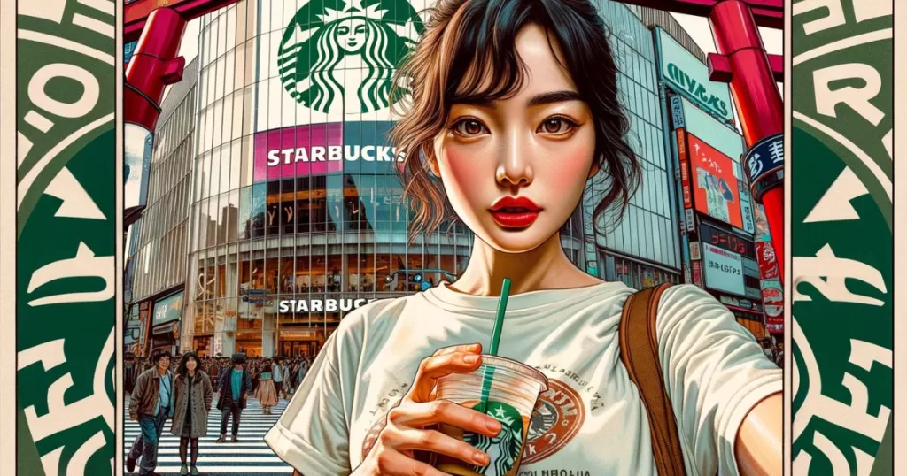 Illustration of a Japanese tourist in a casual t-shirt and jeans, with a close-up shot of her face that shows her curiosity and excitement about her travels. She is staring directly into the camera, capturing the viewer's attention immediately. Behind her, the iconic Shibuya Crossing is visible, with a focus on the Starbucks outlet, the logo prominently displayed but creatively integrated into the bustling scene. The color scheme features contrasting colors that pop: the vibrant reds and greens of the crossing against the earthy tones of the tourist's attire. The image should tell a visual story, engaging the viewer to wonder about the tourist's experiences and the dynamic atmosphere of one of the world's busiest intersections.
