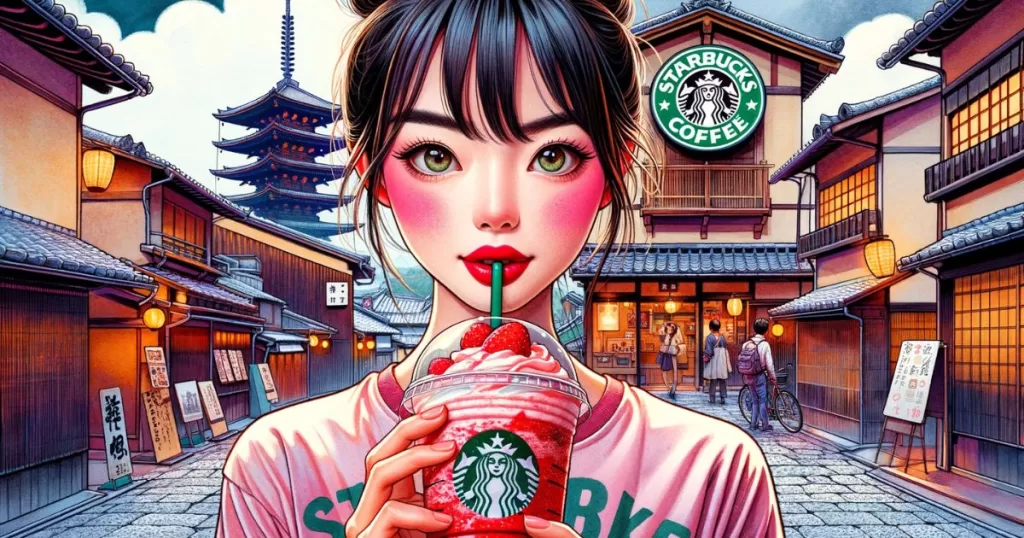 Illustration of a Japanese tourist with an up-close shot of her face, staring directly into the camera, exuding a sense of wonder and adventure. She holds a red strawberry flavored Frappuccino, contrasting with her Starbucks logo t-shirt and casual jeans. The backdrop features the iconic Starbucks Coffee Kyoto Ninenzaka Yasaka Chaya, with its traditional Japanese architecture and the visible Starbucks logo, blending modern and traditional elements. The image is rich in contrasting colors, with the vibrant red of the drink against the muted tones of the historic building, and the green Starbucks logo standing out. This scene tells a visual story that provokes curiosity about the blend of global culture with local tradition.
