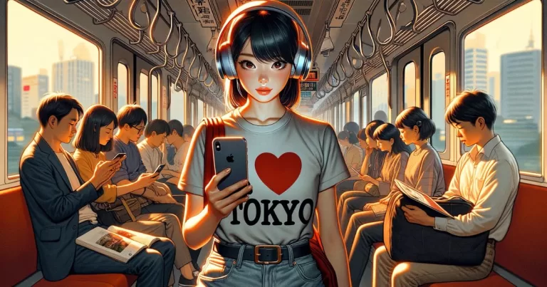 Illustration of a young Japanese female tourist on a train, absorbed in her video on an iPhone. She wears a t-shirt emblazoned with 'I love Tokyo' and casual jeans, with Beats headphones over her ears. Her gaze meets the camera with a look of focused entertainment. She is surrounded by other passengers, each engrossed in their own worlds, some staring at their phones, others lost in music through their headphones. The scene is a blend of warm and cool contrasts, with the interior train lighting casting a soft glow against the cooler shades outside the windows. Elements like a travel guide peeking from her bag or a scenic view on the phone screen add to the story, creating a narrative that sparks curiosity about her journey and experiences.