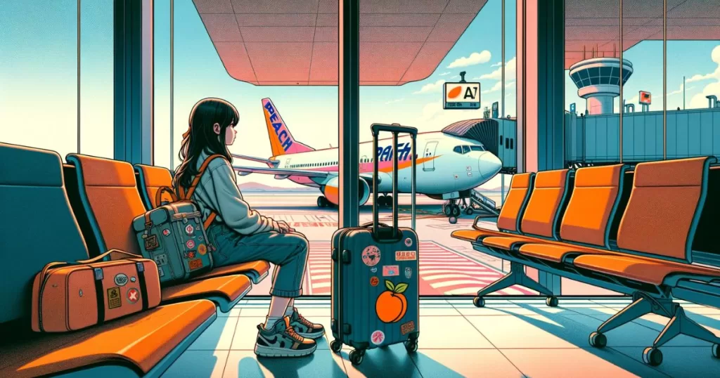 Create an illustration set in an airport terminal, where a young Japanese girl is seated, her posture reflecting a sense of anxious anticipation. She is looking out of a large panoramic window at the tarmac, where a Peach Airline plane is poised for takeoff. The terminal is modern and minimalist, with bold contrasting colors that draw the eye, such as bright orange accents against cooler tones. The girl's luggage is unique, perhaps adorned with stickers and straps, suggesting she's a seasoned traveler. Around her, the terminal is bustling with other passengers, but she is focused on the plane, her expression a mix of hope and nervousness. The scene should be imbued with elements of novelty and curiosity, encouraging the viewer to wonder about her story—where she's going, why she feels anxious, and what adventures await her.