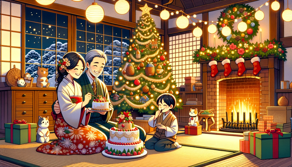 Illustration of a harmonious Japanese family immersed in Christmas festivities in their ancestral home. A beautifully decorated Christmas tree and a glowing fireplace set the mood, while the family shares a special moment, indulging in a sumptuous Christmas cake.