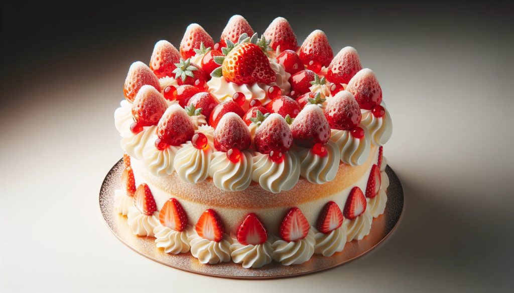Photo of a fluffy white sponge cake lavishly covered with lightly sweetened whipped cream. The cake showcases a beautiful design made from bright red strawberries and glistening glazed fruits, emphasizing its role as a renowned Japanese Christmas dessert.