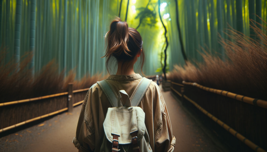 Photo of a young Japanese female tourist, captured from behind as she walks into the Kyoto bamboo forest. The forest looms tall in the background with a myriad of green hues, and the girl is dressed in casual tourist attire suitable for hiking, her hair tied back, suggesting movement and exploration.