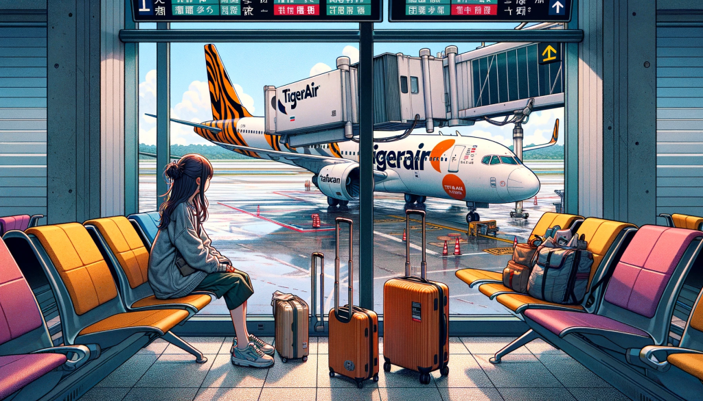 Create an illustration set in an airport terminal, where a young Japanese girl is sitting by the window, gazing out anxiously at the tarmac. Outside, a Tigerair Taiwan airplane is positioned for takeoff, its colors vivid against the grey pavement. The girl is surrounded by her luggage, her body language suggesting a mix of excitement and nervousness. The airport interior has a modern look with contrasting colors, like bright-colored seats and digital information screens, which amplify the anticipation in the atmosphere. Include subtle elements in the scene that provoke curiosity, such as an open book or a mysterious object among her belongings, hinting at a deeper narrative behind her journey.
