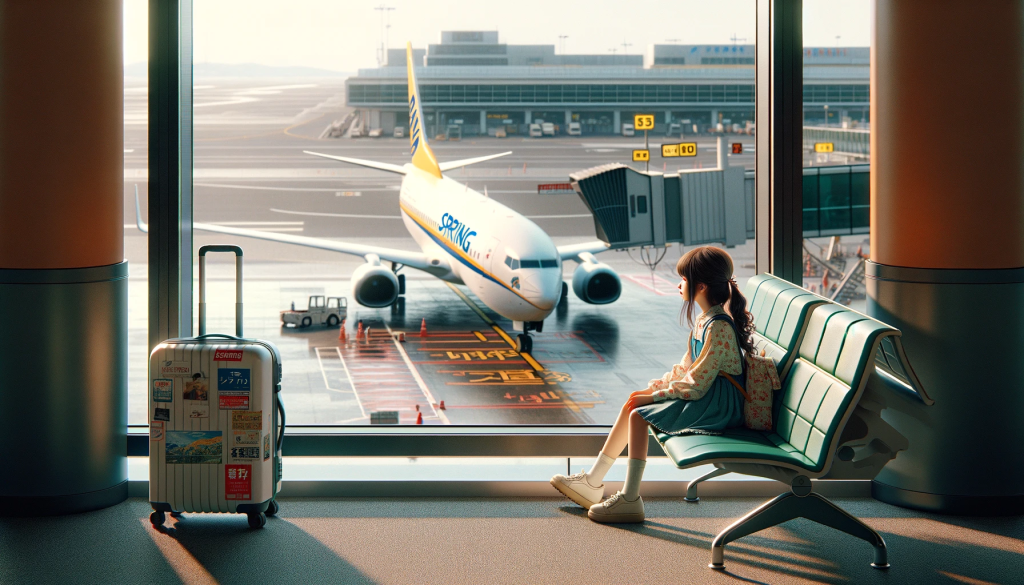 Visualize a young Japanese girl in an airport terminal, sitting by the window with an expression of anticipation on her face as she watches the airport tarmac. Outside, a Spring Airlines plane is poised for takeoff, its bright livery contrasting with the gray pavement. The terminal around her is modern and minimalistic, with splashes of color provided by seats and signs, creating a stark contrast that draws the eye. The girl's luggage is by her side, suggesting a story of travel and the emotions that come with it. Perhaps she's traveling alone for the first time, or maybe she's awaiting someone's arrival. The overall scene should evoke curiosity about her story and where the journey might take her.