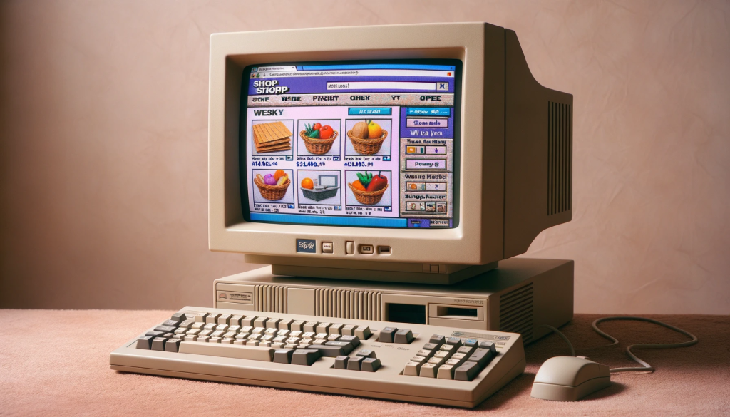 Photo of a vintage 1990s desktop computer with a bulky CRT monitor. The screen displays a rudimentary online shopping website, characteristic of the early internet era, with basic web design and pixelated images of products.
