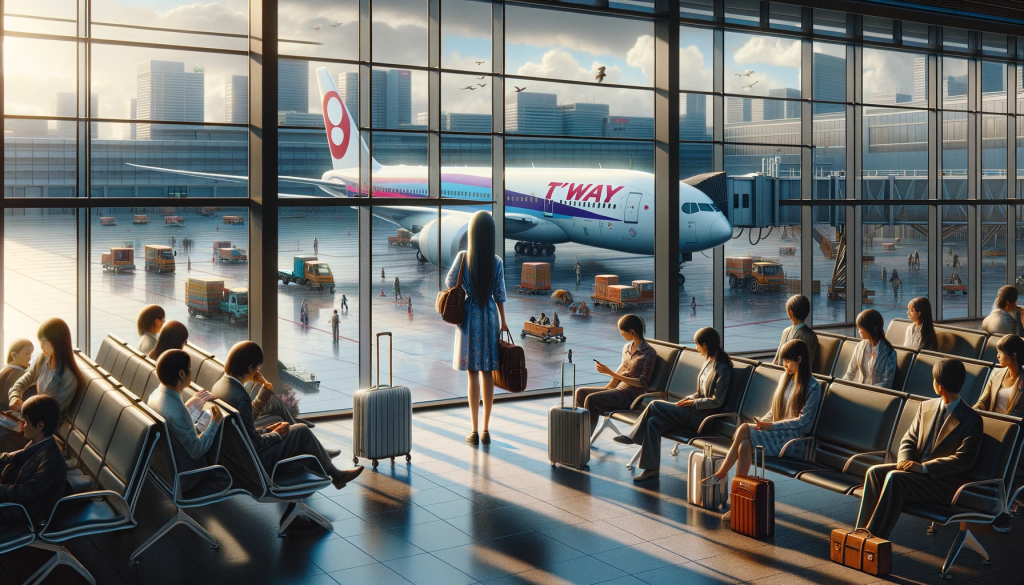 Visualize a Japanese girl standing in an airport terminal, her expression a blend of anticipation and anxiety. She is looking out through the large glass windows at the tarmac, where a T'way Air plane is positioned for takeoff. The terminal is alive with the contrast of colors: the grey of the indoor setting against the bright, colorful livery of the T'way Air plane. Passengers around her are a mix of people, including a Middle-Eastern businessman and a Caucasian family, all depicted in mid-transit, some looking at their phones, others chatting or reading. The scene should be rich in detail, with elements that elicit curiosity, like a mysterious briefcase or a bird resting on the window sill outside, suggesting there is more to the story of the girl and the bustling world of the airport around her.