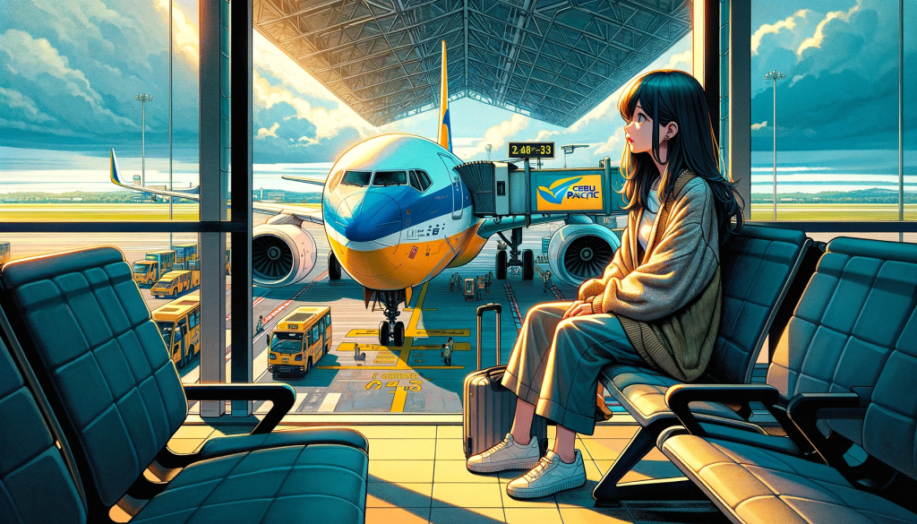 Create a captivating illustration set in an airport terminal where a young Japanese girl is seated, looking anxiously towards the tarmac. On the tarmac, there's a Cebu Pacific plane poised for takeoff, its bright colors standing out against the grey of the runway and the terminal's neutral tones. The girl is dressed in a comfortable, yet stylish outfit, her expression a mix of anticipation and nervousness. Around her, the terminal is bustling with passengers and the typical airport activity, but her focus is solely on the plane outside. The scene is imbued with contrasting colors - the vibrant yellows and blues of the plane against the subdued interior of the terminal. This contrast, along with the girl's evident emotion, sparks curiosity about her story. Why is she anxious? Where is she going, or perhaps more intriguingly, who is she waiting for?