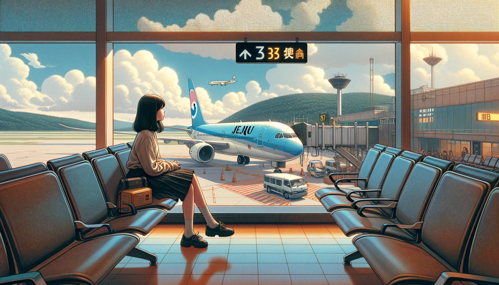 Craft an illustration set in an airport terminal, where a young Japanese girl is seated, gazing out at the tarmac. She appears anxious, her body language suggesting anticipation or concern. The focus is outside the large terminal window where a Jeju Air plane is positioned for takeoff, with the airline's logo clearly visible. The terminal interior contrasts with the bright, colorful livery of the plane, using a palette that includes bold, contrasting colors to draw the eye. The environment should be filled with details that evoke novelty and provoke curiosity, like an unusual object in the girl's possession or a mysterious figure in the background, creating a narrative that makes one wonder about the girl's story and where she might be headed.