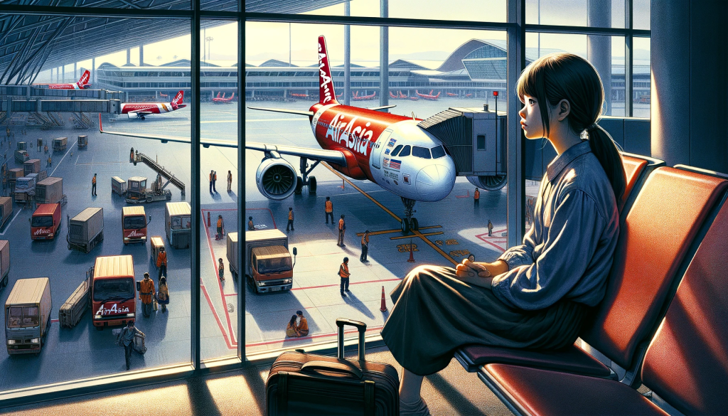 Depict a scene inside an airport terminal, where a young Japanese girl is sitting by the window, her gaze fixed anxiously on the tarmac outside. She is watching an AirAsia plane, poised for takeoff, with workers bustling around it. The terminal interior contrasts sharply in color with the bright red and white of the plane, adding to the visual drama. The girl's expression and body language should suggest a story behind her anxiety, perhaps she's traveling alone for the first time or waiting for someone to arrive. The surrounding area of the terminal is filled with travelers and the buzz of activity, yet she remains focused on the plane outside, invoking curiosity in the viewer about her story and where she might be headed.