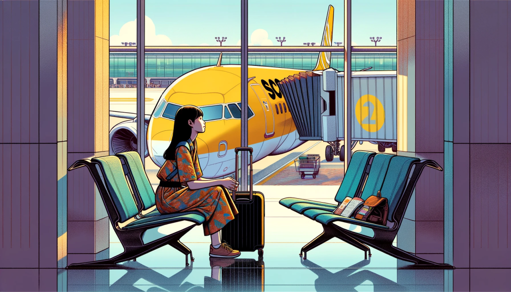 Illustrate a Japanese girl in an airport terminal, sitting anxiously as she gazes out at the tarmac. She is positioned near the large glass windows that offer a clear view of a Scoot Airways plane, distinguished by its vibrant yellow logo, ready for takeoff. The colors inside the terminal contrast with the outside, with the girl's attire providing a splash of color against the muted tones of the seats and floor. The overall atmosphere is one of anticipation, and her expression should capture the viewer's attention, making them wonder about her story. What is she thinking? Where is she going? Perhaps her luggage or a travel book beside her hints at a deeper narrative, inviting the onlooker to fill in the blanks of her travel story.