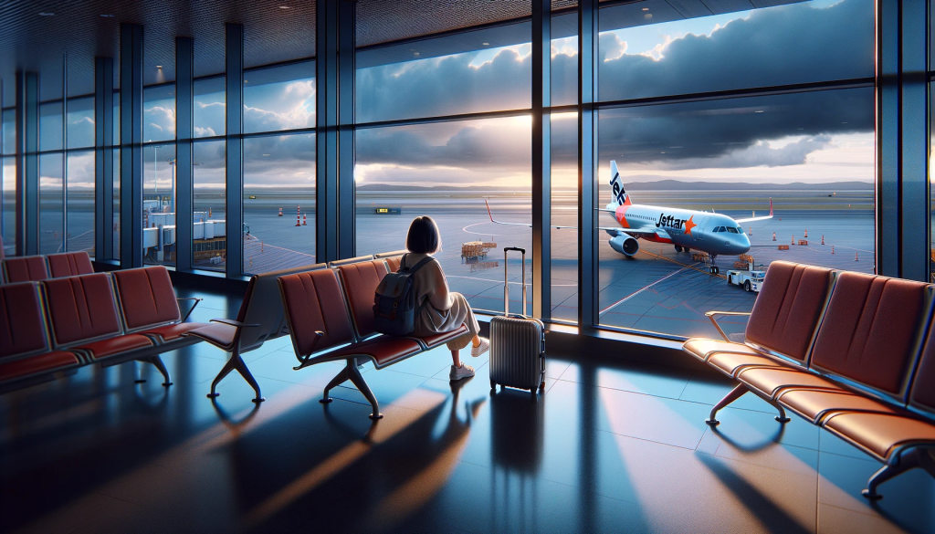 Depict a scene inside an airport terminal where a young Japanese girl is sitting, her body language reflecting a sense of anxious anticipation. She is gazing through the large panoramic windows at the airport tarmac, where a Jetstar Airways plane is poised for takeoff against the backdrop of a dramatic sky. The terminal is sleek and modern with stark contrasting colors, perhaps with elements such as bright-colored seats or abstract art installations, which stand in stark contrast to the grey tarmac outside. There should be a sense of novelty in the environment that piques curiosity. Maybe there's a mysterious figure in the background or an unusual object near the girl that adds depth to the story, inviting viewers to ponder what might be on her mind and where she might be going.