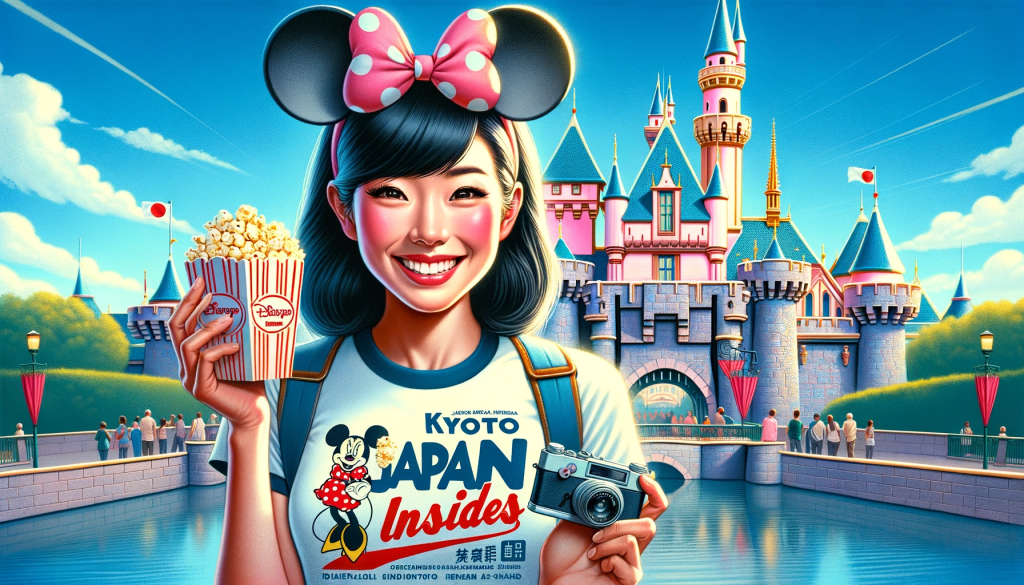 Illustration of a Japanese tourist at Disneyland, capturing her expression of joy and wonder as she stares directly into the camera. She's holding a mouse-shaped popcorn holder and wearing a retro T-shirt that channels the ambiance of Kyoto's Gion District, with the clever phrase 'Japan Insides' emblazoned across the front. On her head is a Minnie Mouse ear headband, adding to her playful tourist look. The iconic Disneyland castle looms in the background, creating a storybook setting. The image should radiate with contrasting colors, such as the vibrant hues of the tourist's attire against the pastel tones of the castle. This scene is designed to be visually striking, weaving together cultural motifs with the magic of Disneyland, thus provoking curiosity and storytelling through its details and composition.