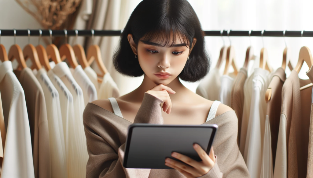 Image of a girl with short black hair and light skin tone, deeply engaged in shopping online, examining the latest fashionable attire displayed on her tablet screen. Her expression is one of contemplation, reflecting the careful selection of stylish wardrobe pieces.