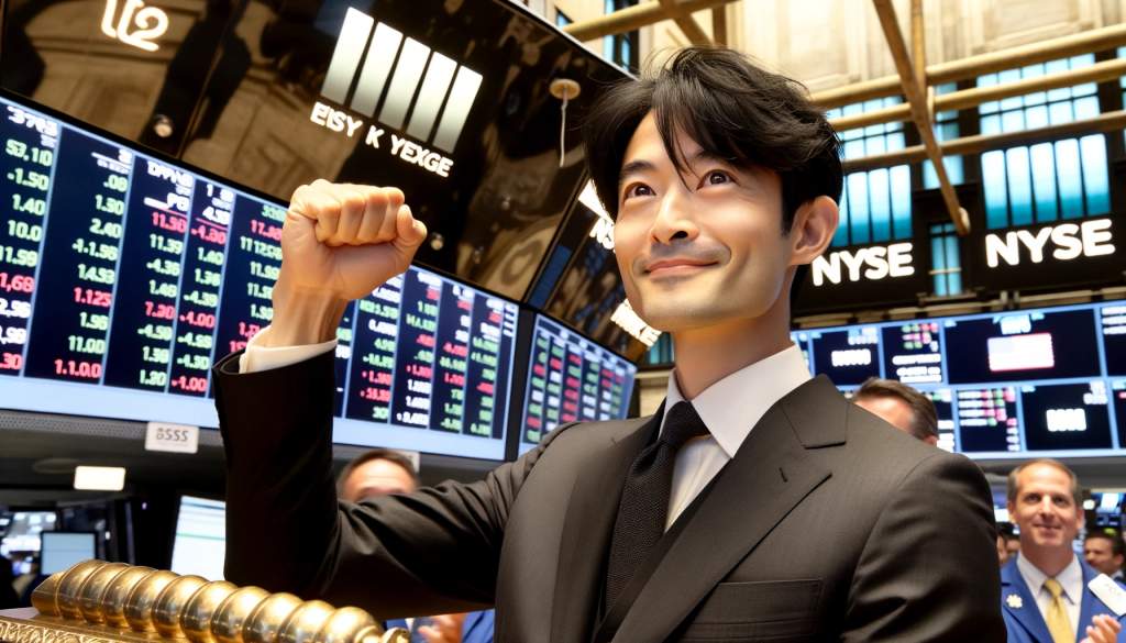 Photo of a Japanese businessman with short black hair and medium skin tone, dressed in a sharp suit, ringing the closing bell at the New York Stock Exchange. His expression is one of triumph and satisfaction as he celebrates the ceremonial event, with the NYSE trading floor bustling with activity in the background.