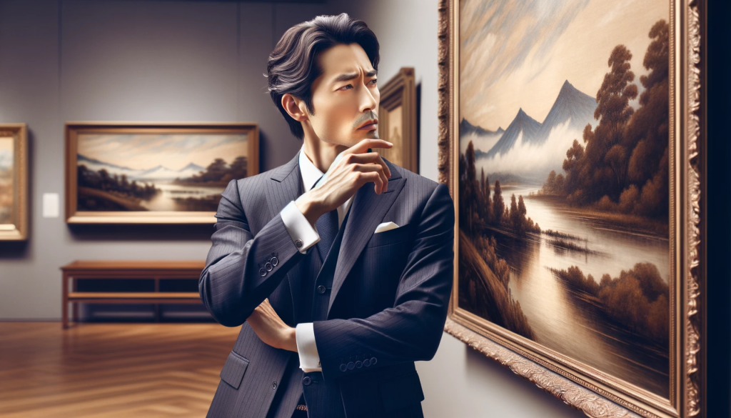 Image of an affluent Japanese business executive with a sophisticated appearance, contemplating a purchase in a fine art gallery. He is scrutinizing an impressive classical landscape painting, his expression one of deep appreciation for the artistry, indicating his refined taste in high-end art.