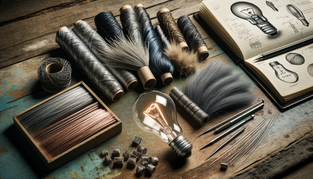 High-resolution photo showcasing a diverse collection of filament materials on a rustic table, featuring reflective platinum wires, textured beard hair, and segments of bamboo. In the background, there's an open notebook with sketches of lightbulb designs and an old-fashioned incandescent lightbulb, reminiscent of Thomas Edison's era.