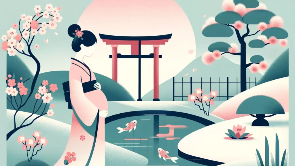 A minimalist illustration featuring a Japanese expecting mother, nurturing and serene, in traditional Japanese attire. She is standing in a tranquil Japanese garden with a serene koi pond, elegant cherry blossoms, and a classic torii gate in the background. The scene is imbued with soft, pastel colors and a sense of calm. The style is simple yet expressive, focusing on clean lines and minimal details to convey a sense of peace and cultural beauty.