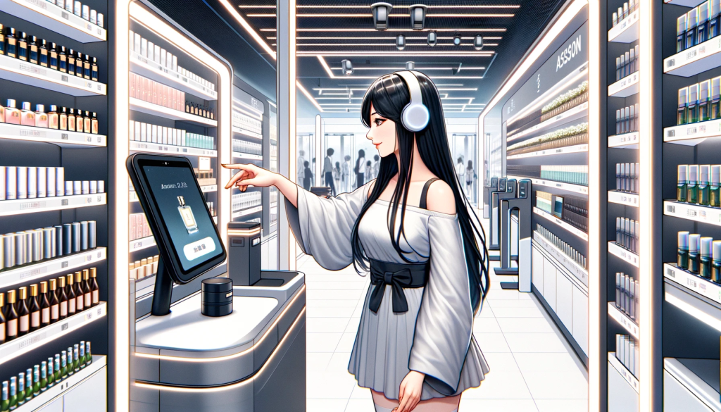 Illustration of a Japanese woman, young adult with long black hair, in a modern, cashierless store similar to Amazon Go. She is reaching out to grab a bottle of perfume from a shelf. The store is sleek and high-tech, with digital displays and sensor-equipped shelves. In the background, there's a cashierless exit area, equipped with automatic gates and numerous overhead cameras and sensors, indicating a high-tech, seamless checkout process. The environment is bright and clean, with an air of luxury and convenience.
