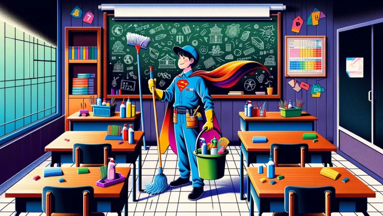 Illustration of a 'super' Japanese janitor with an animated, heroic flair, cleaning a classroom. He's equipped with an array of vibrant cleaning supplies, a mop, and a bucket, standing heroically with a cape fluttering behind him. The classroom setting includes a blackboard and desks, with the blackboard featuring educational doodles that suggest learning and creativity. Contrasting colors vividly highlight the scene: the deep black of the blackboard, the rich brown of the desks, and the janitor's colorful cleaning tools that stand out brightly. His expression is one of determination and pride, and the entire composition tells a visual story that provokes curiosity and celebrates the janitor's important role in maintaining a clean and inspiring learning environment.