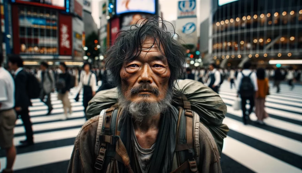 An up-close, emotive portrait of a Japanese man standing in the middle of Shibuya Crossing. He is dressed in ragged clothes and carries an overly heavy backpack. His face, weathered and sun-beaten, reveals a profound mixture of hope and despair in his eyes. He stares directly ahead, seemingly lost in thought. The background captures the blurred motion of people and the bustling life of Shibuya Crossing, contrasting sharply with the man's stillness. This scene encapsulates a poignant moment, reflecting the man's personal struggles amidst the relentless pace of the city.
